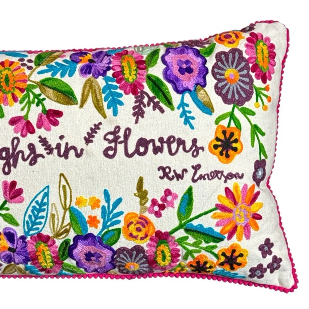 KARMA LIVING “THE EARTH LAUGHS IN FLOWERS” EMBROIDERED LUMBAR PILLOW 14x28 *NWT*